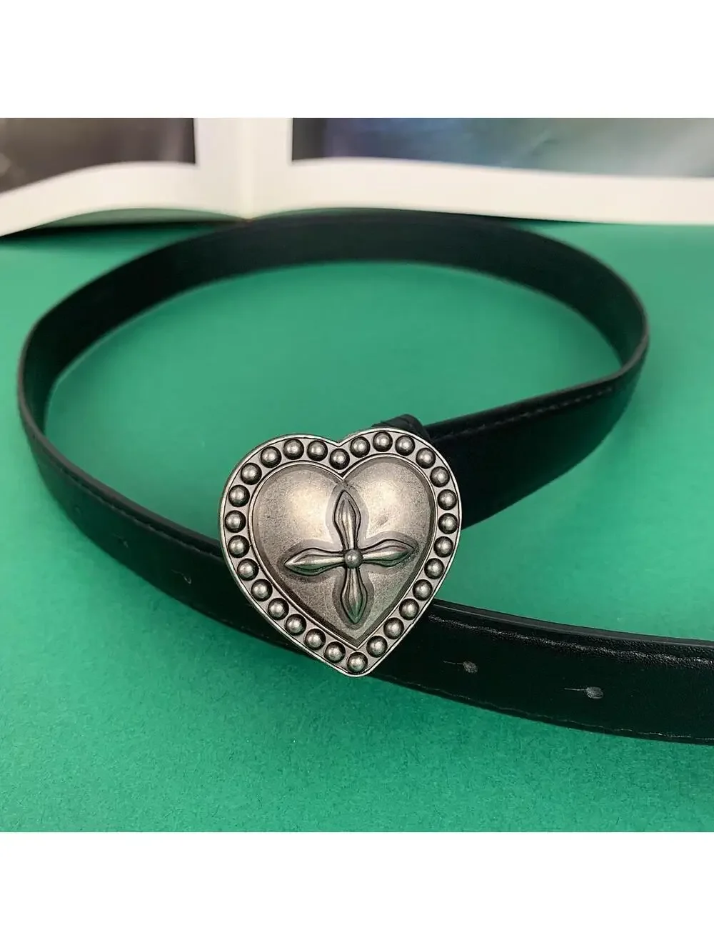 Y2k gothic style heart cross belt buckle black belt. 40 inches length. Unisex
